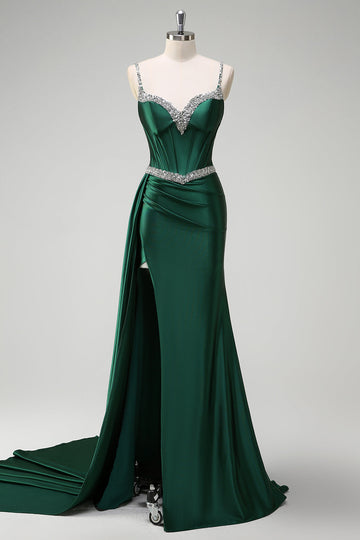 Vestido de fiesta de satén con corsé de lentejuelas con sirena verde oscuro brillante con abertura